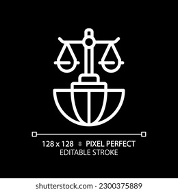 International law pixel perfect white linear icon for dark theme. Countries interaction regulation. Legal states relationship. Thin line illustration. Isolated symbol for night mode. Editable stroke