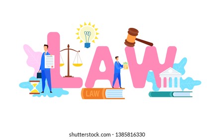 International Law Web Banner Flat Vector Template. Legal Advisor Firm, Corporate Lawyer Company Poster with Pink Typography. Commercial, Construction Legal Advisor Color Cartoon Character