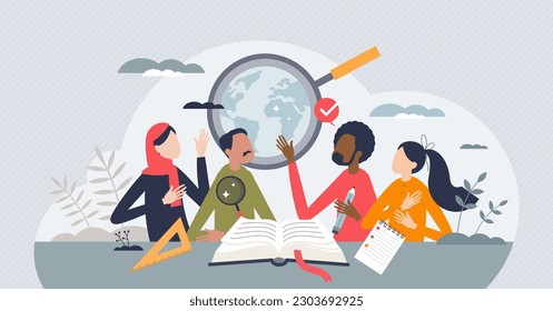 International learning and global academic education tiny person concept. Travel for knowledge and study in university vector illustration. Various social groups with different race and ethnicity.