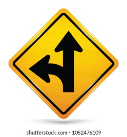 International left Turn Split Symbol. Yellow Warning icon on white background, Attracting attention, Compulsory, Control ,practice. Security first sign, Idea for graphic,web design,vector,EPS10.