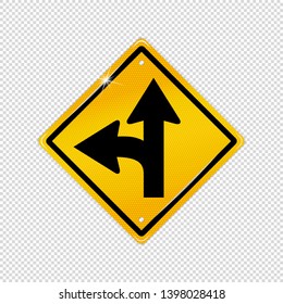 International Left Turn Split Symbol - Textured Yellow Warning Icon - Vector Illustration Isolated On Transparent Background