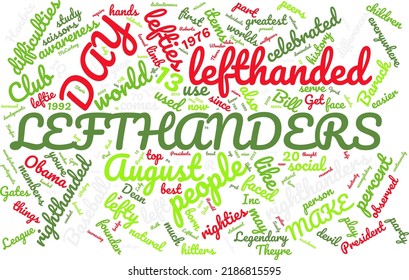 International Lefthanders Day 13 August Word Cloud In Vector Art Creative Colourful White Back Ground