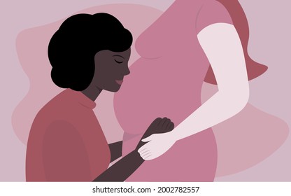 International Lesbian Couple. African Woman Kissing The Belly Of Her Pregnant Wife. The Birth Of A Child In A Homosexual Family. Vector Flat Illustration