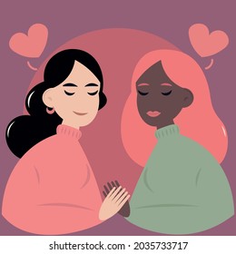 International lesbian couple. Young women in love hold each other's hands. Homosexual multiracial lesbian couples concept. Flat vector illustration
