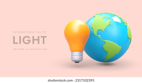 International Light Day. Vector concept of energy saving. Huge yellow light bulb near Earth. Poster with place for text. 3D illustration in modern style