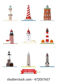 International lighthouses icon set. Flat design lighthouses and beacons vector icons collection 2