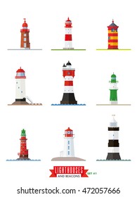 International Light House Icon Set. Flaches Design Leuchthäuser und Baken Vektorsymbole Sammlung 1.