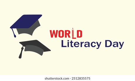 International literacy day 8 September banner social media post vector illustration. World literacy day greeting post with pen writing and degree cap. Book day.