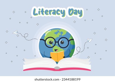 International Literacy Day, 8th September. Open book illustration concept with earth reading book. Flat vector illustration