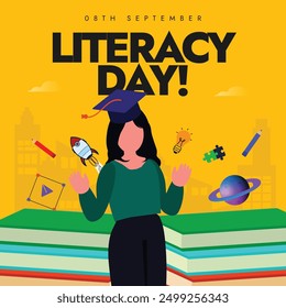International Literacy Day. 8th September Literacy day banner, post with a girl wearing graduation cap, icons of: books, pencil, puzzle pieces, planets, bulb. The day promotes reading, writing.