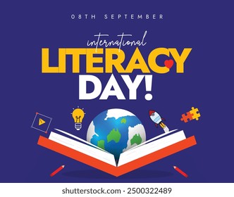 International Literacy Day. 8th September Literacy day banner, post with an open book, earth globe, spaceship, bulb, puzzle pieces, pencils. The day celebrates importance of literacy, reading, writing