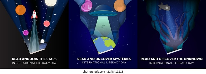 International Literacy Day Artwork Set. Fantasy elements coming out from a book cover. Rocketship into space, UFO abducting a human, submarine under sea discovering a monster. Vector Art. EPS 10.