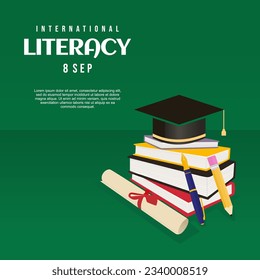 International literacy day banner with college graduation cap, diploma paper roll, pencil, ink pen and stack of books for literacy day international celebration education background..