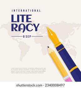 International literacy day banner with ink pen and pencil on earth map for literacy day international celebration education on background..