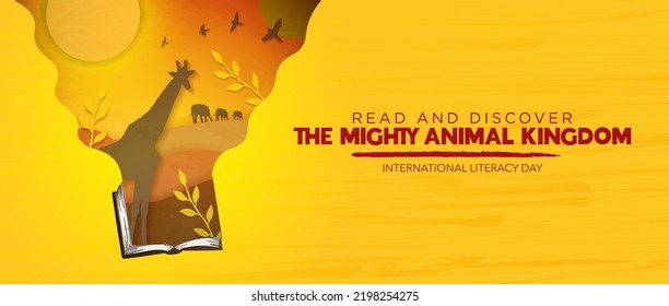 Banner del Día Internacional de la Alfabetización, concepto de arte de papel. Lee y descubre el poderoso reino animal. Vector Art. Editable EPS 10.