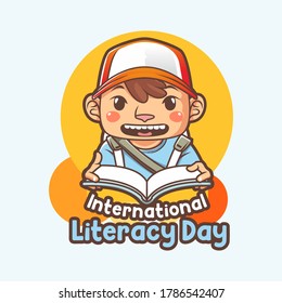 international literacy day banner or poster with illustration of little boy reading book. used for banner, poster and other