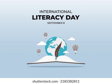 International Literacy Day Banner Poster With Feather, Opened Book, Balloon And Earth World On Blue Color Background.