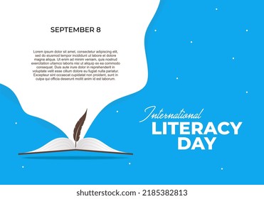 International literacy day banner poster with feather and opened book on blue white color background.