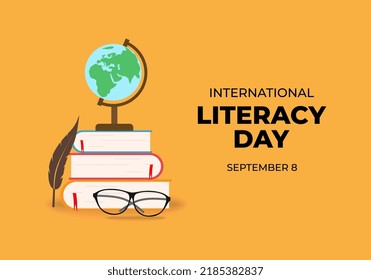 International literacy day banner poster with feather, globe, earth, glasses and books on orange color background.