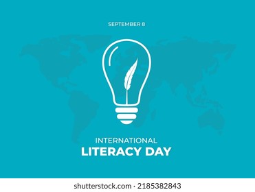 International Literacy Day Banner Poster With Big Lamp And World Map On Blue Color Background.