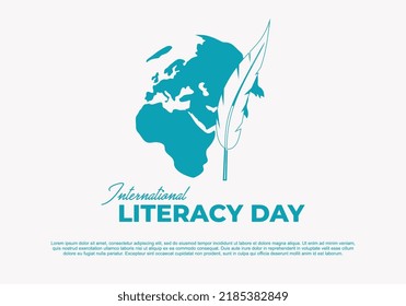 International Literacy Day Banner Poster With World Map And Feather On White Color Background.