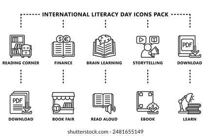 International Literacy Day black outline icons pack. contain book  literacy, library, e book, dictionary, education theme and more. Use for modern concept, web and app development. Vector EPS 10.