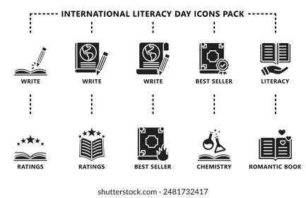 International Literacy Day black outline icons pack. contain book  literacy, library, e book, dictionary, education theme and more. Use for modern concept, web and app development. Vector EPS 10.