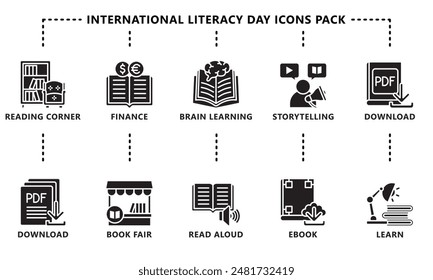 International Literacy Day black outline icons pack. contain book  literacy, library, e book, dictionary, education theme and more. Use for modern concept, web and app development. Vector EPS 10.