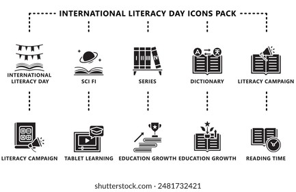 International Literacy Day black outline icons pack. contain book  literacy, library, e book, dictionary, education theme and more. Use for modern concept, web and app development. Vector EPS 10.