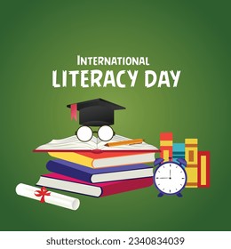 international literacy day with books ,clock ,pen ,sunglass .Open book logo illustration vector. concept with book .