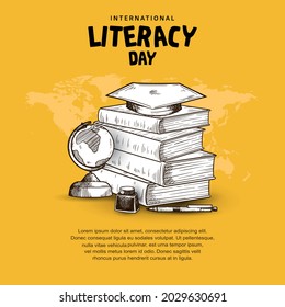 international literacy day with books, globe, ink, pen isolated on yellow background