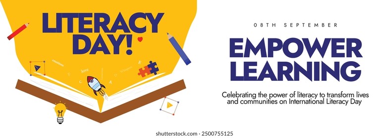 International Literacy day celebration cover banner, post with big open book, icons of pencil, spaceship, bulb, puzzle pieces coming out of it. The day is to empower learning through reading, writing.