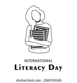 International literacy day celebration poster. Line art graphic drawing. isolated girl student character icon. Woman with book print template. Doodle literature education concept. 