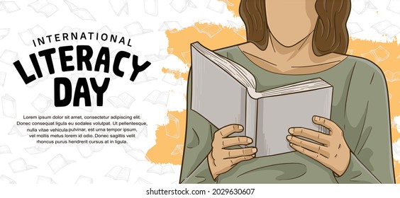 international literacy day with colorful man reading book, orange brush and white background for poster, banner and greeting card