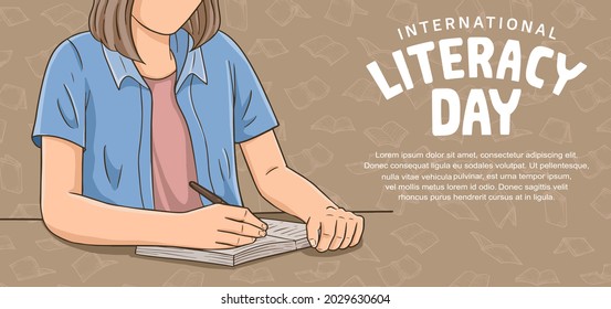 international literacy day with colorful woman writing illustration isolated on brown background