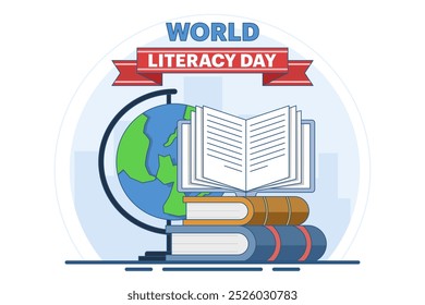 Conceito do Dia Internacional da Alfabetização com Livros e Globo, 8 de setembro, Leitura de Livros, Celebração do Dia Mundial da Alfabetização, Feliz Dia da Alfabetização. Ilustração de vetor plana no plano de fundo.