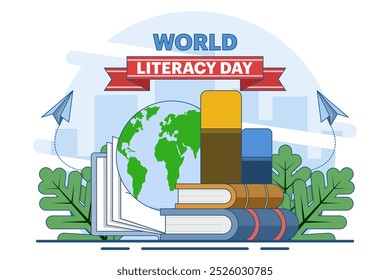 International Literacy Day Concept with Books and Globe, September 8, Reading Books, World Literacy Day Celebration, Happy Literacy Day. Flat Vector Illustration on Background.