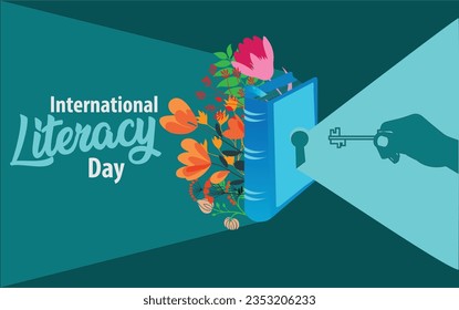 International Literacy Day concept, a hand with key open a book, power of book,  literacy day banner, literacy day background, knowledge background