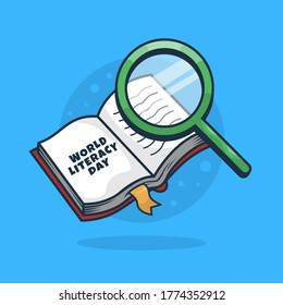 international literacy day concept. magnifying glass on open book .8th september illustration vector