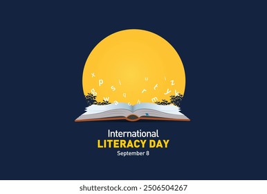 International Literacy Day concept of open book with alphabet letters. Children education background or learning event concept.