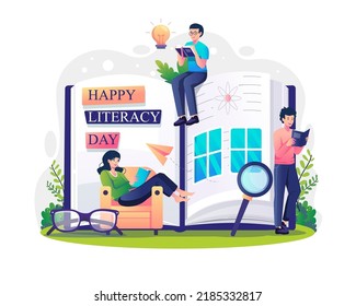 International Literacy day concept with People relaxing while reading books. Vector illustration in flat style