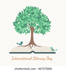 International literacy day concept vector design illustration. Open book, rooted green tree, birds.