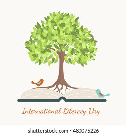 International literacy day concept vector design illustration. Open book, rooted bright green tree, birds.