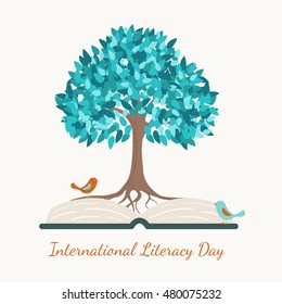 International literacy day concept vector design illustration. Open book, rooted blue tree, birds.