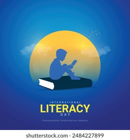 International Literacy Day Creative Ads Design. Literacy, Pencil, Book silhouette isolated on Template for background. Literacy Poster, vector, 3d, illustration, Sep 8. Important day, Holiday concept.