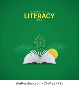 International Literacy Day Creative Ads Design. Literacy, Pencil, Book silhouette isolated on Template for background. Literacy Poster, vector, 3d, illustration, Sep 8. Important day, Holiday concept.