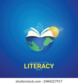 International Literacy Day Creative Ads Design. Literacy, Pencil, Book silhouette isolated on Template for background. Literacy Poster, vector, 3d, illustration, Sep 8. Important day, Holiday concept.