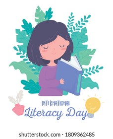 international literacy day, cute girl reading book, leaves foliage nature vector illustration