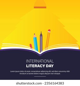 International Literacy Day. Education concept with book, pen, pencil, and study material vector illustration.