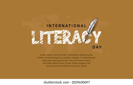 international literacy day with feather pen isolated on brown background